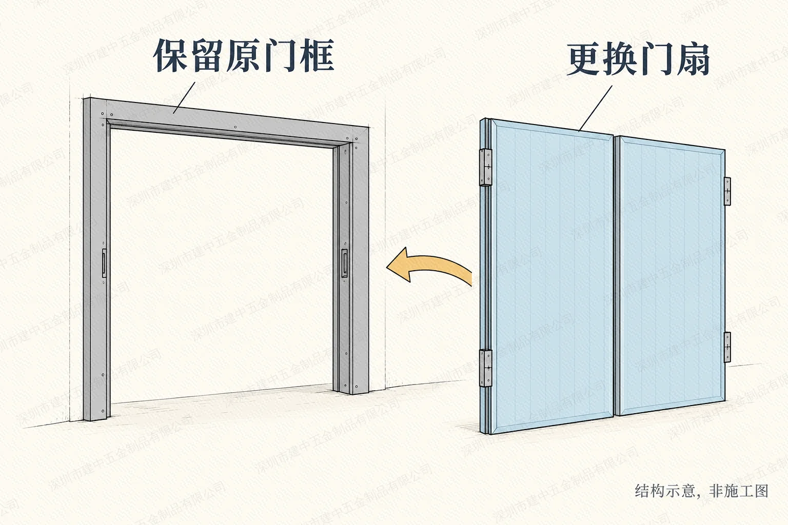 保留原门框并更换门扇的范围示意,非施工图