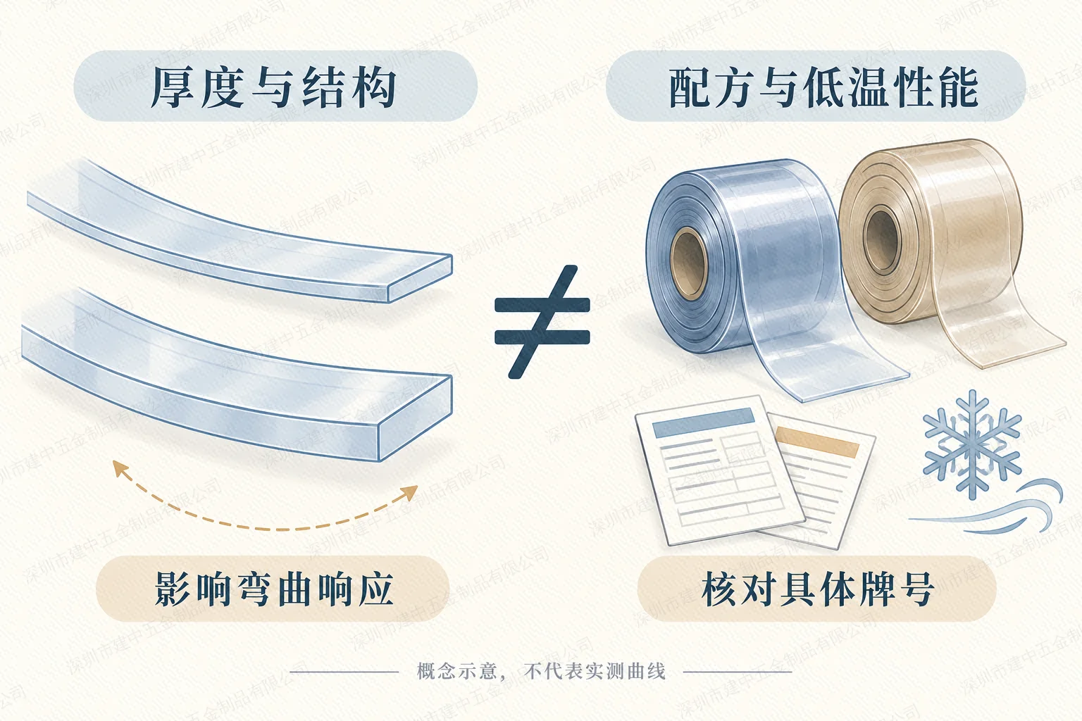 门用软PVC厚度结构与配方低温性能的不同信息示意