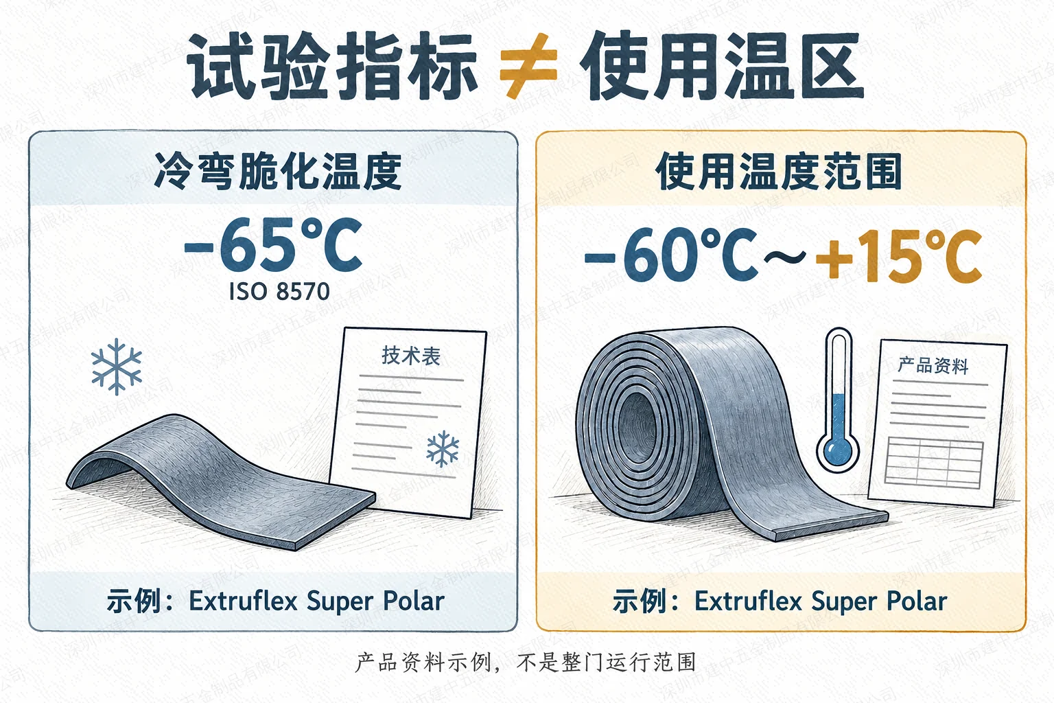 Extruflex Super Polar冷弯脆化温度和使用温区不同指标示例