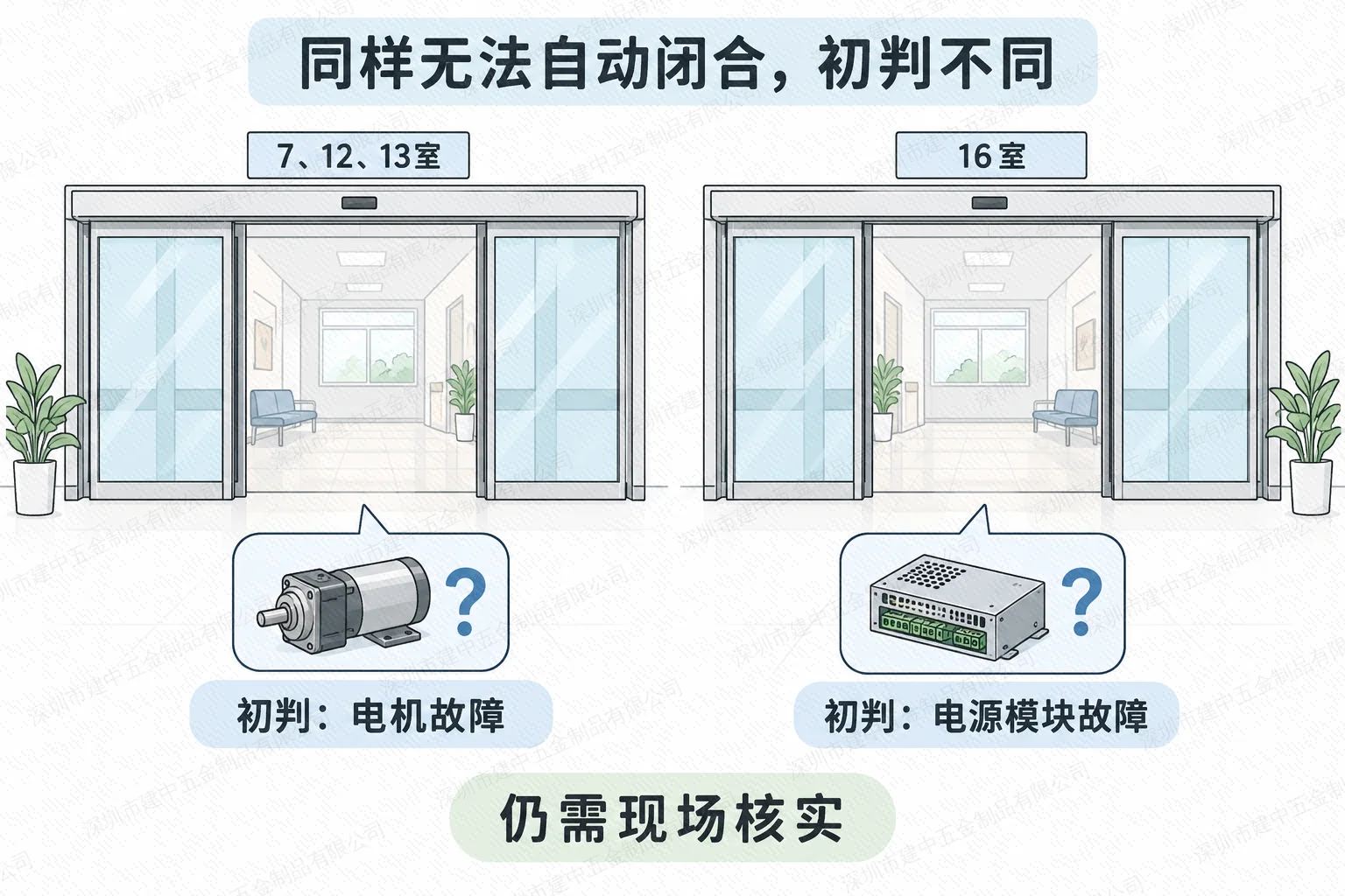 7、12、13室与16室自动门无法闭合,分别列出电机和电源模块初判,并标注仍需现场核实