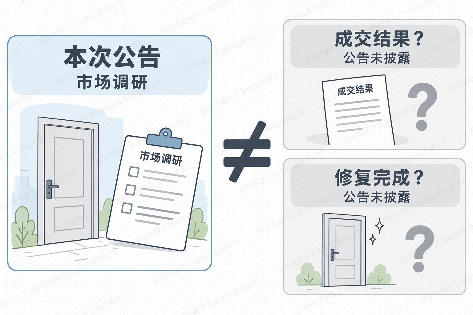 市场调研与成交结果、修复完成之间的不等号,标明后两项公告未披露
