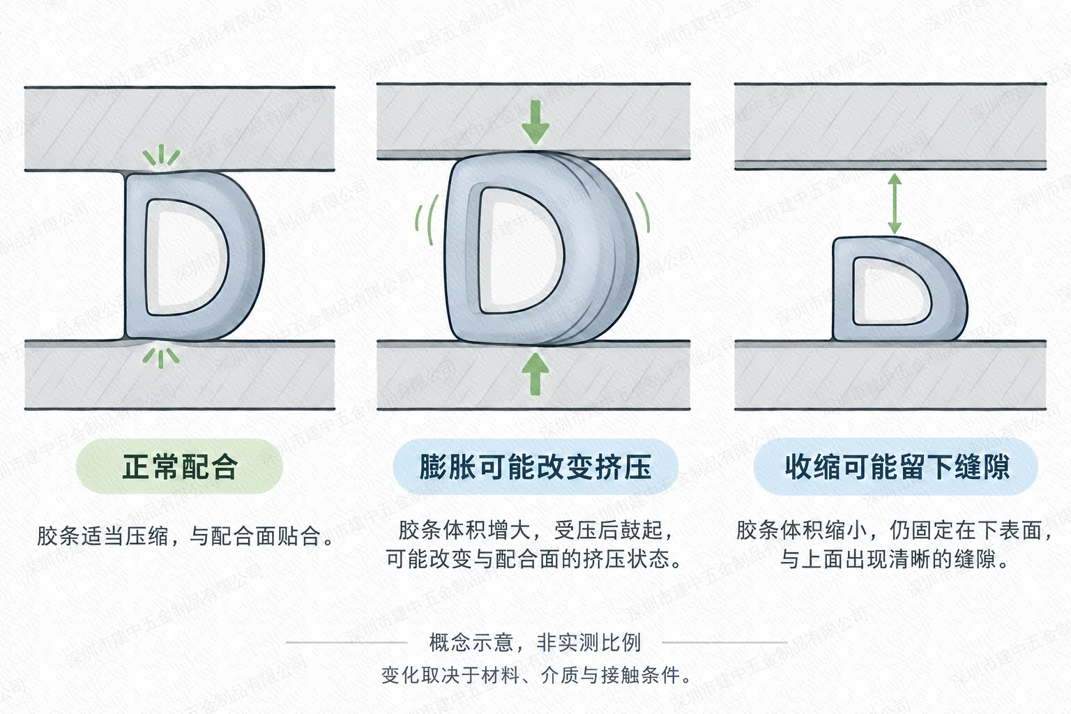 密封条适当压缩贴合、膨胀可能改变挤压及收缩可能留下缝隙的截面概念对比