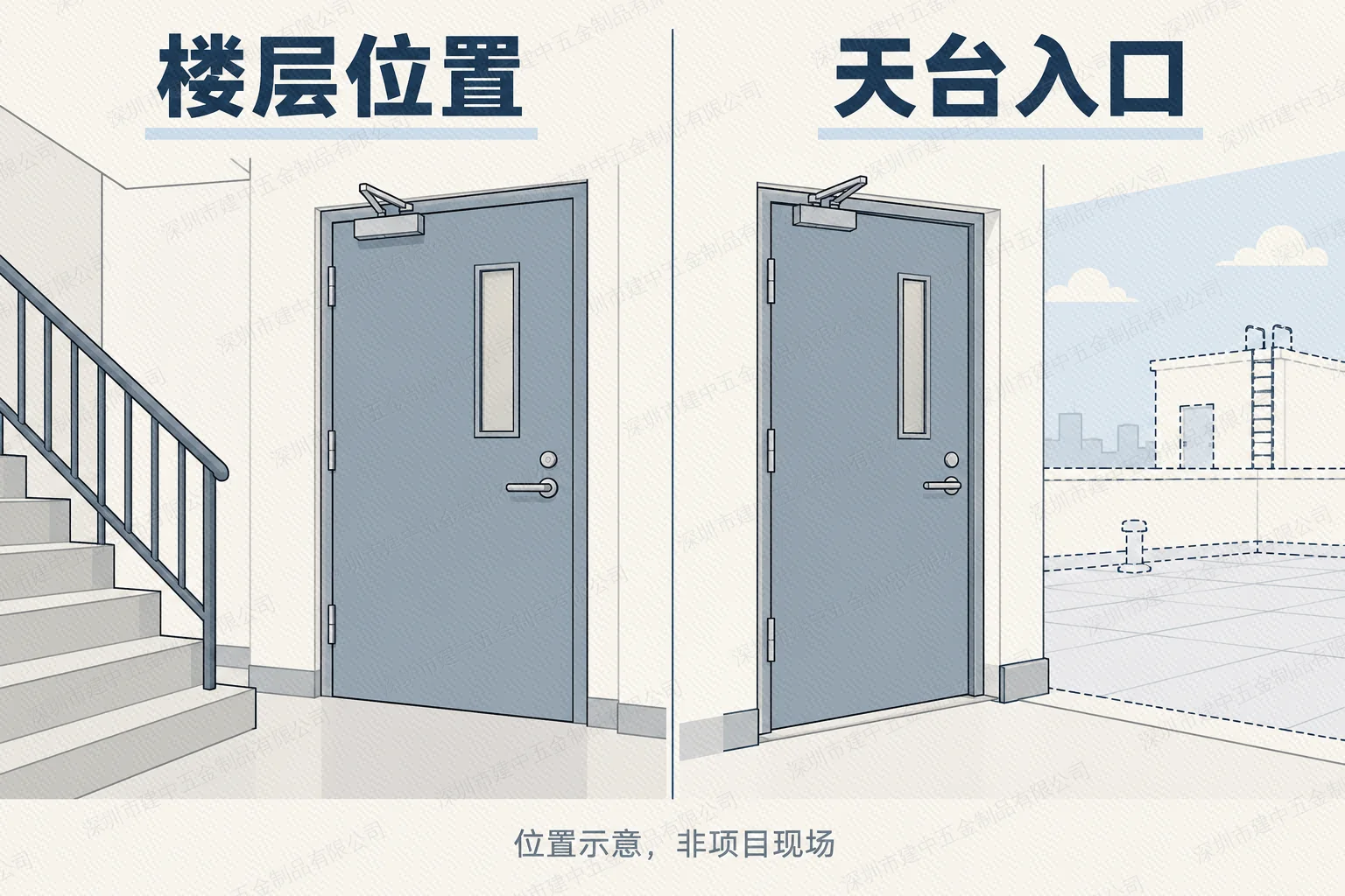 楼层位置与天台入口防火门的位置示意，非项目现场
