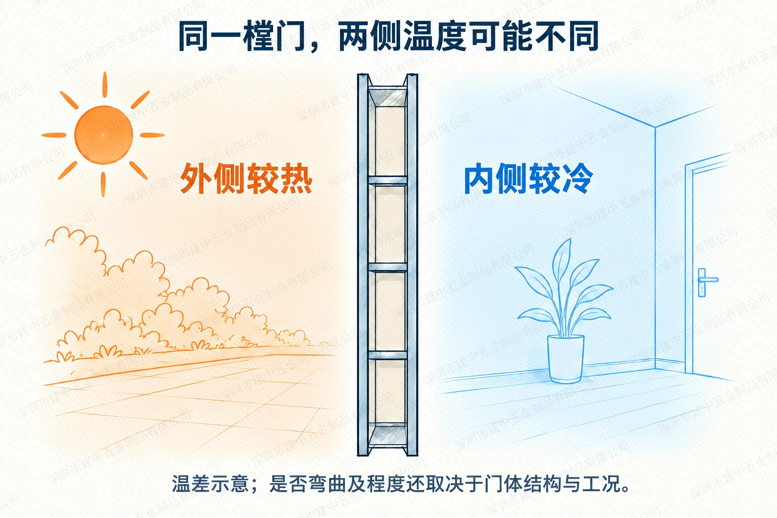 日晒环境中钢质外门两侧温度可能不同的条件示意