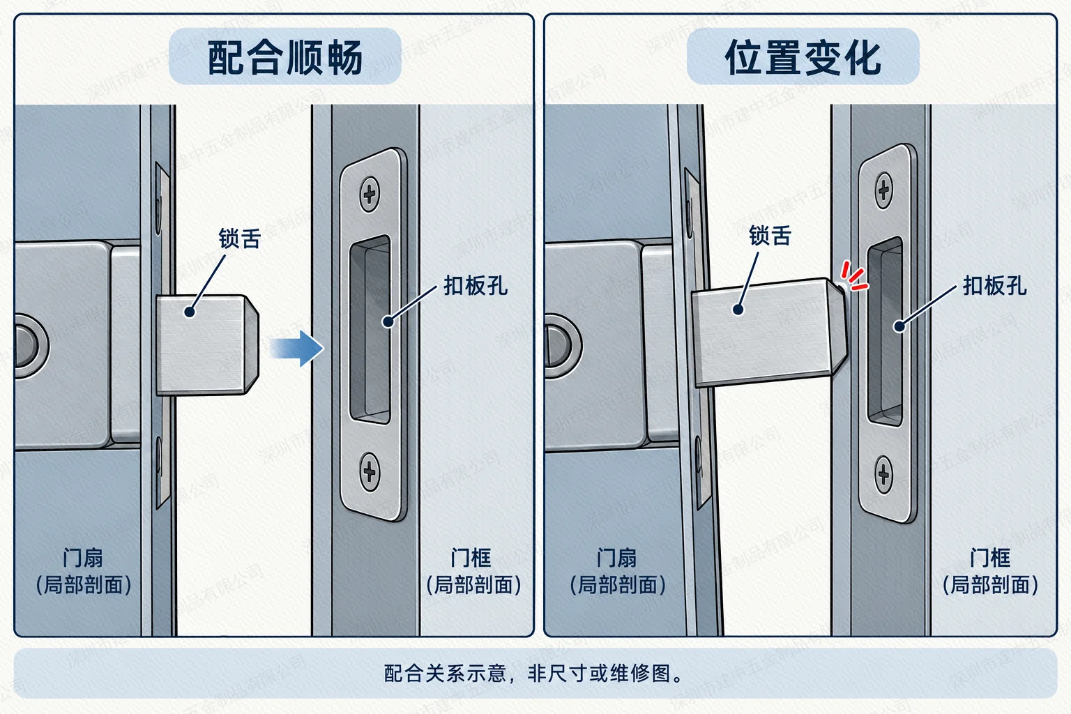 锁舌与扣板正常配合及位置偏离产生干涉的非比例示意