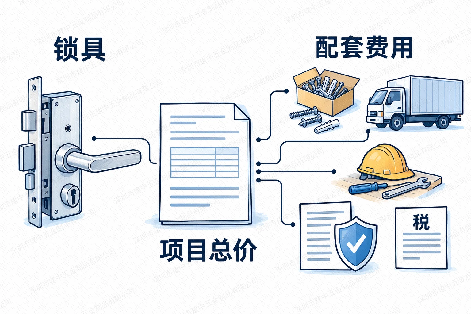 项目总价包含锁具和安装辅材、运输、人工、保险及税费等费用的示意