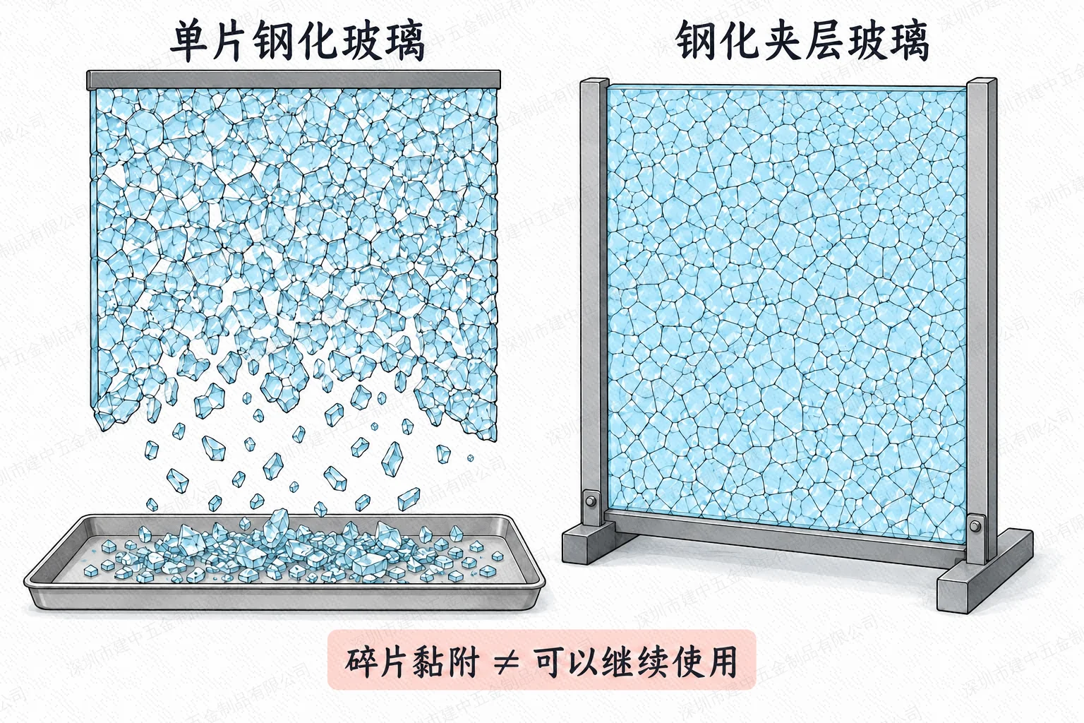单片钢化与钢化夹层破碎后的碎片散落和黏附概念比较
