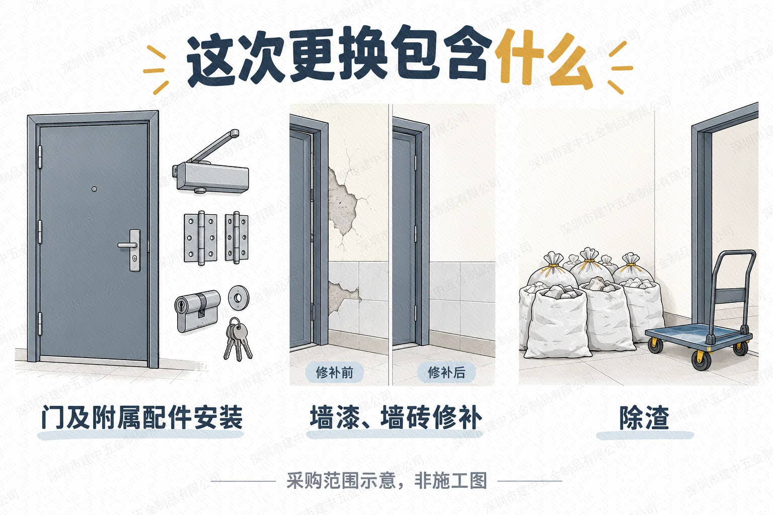 门及附属配件安装、墙漆墙砖修补与除渣三个采购范围示意