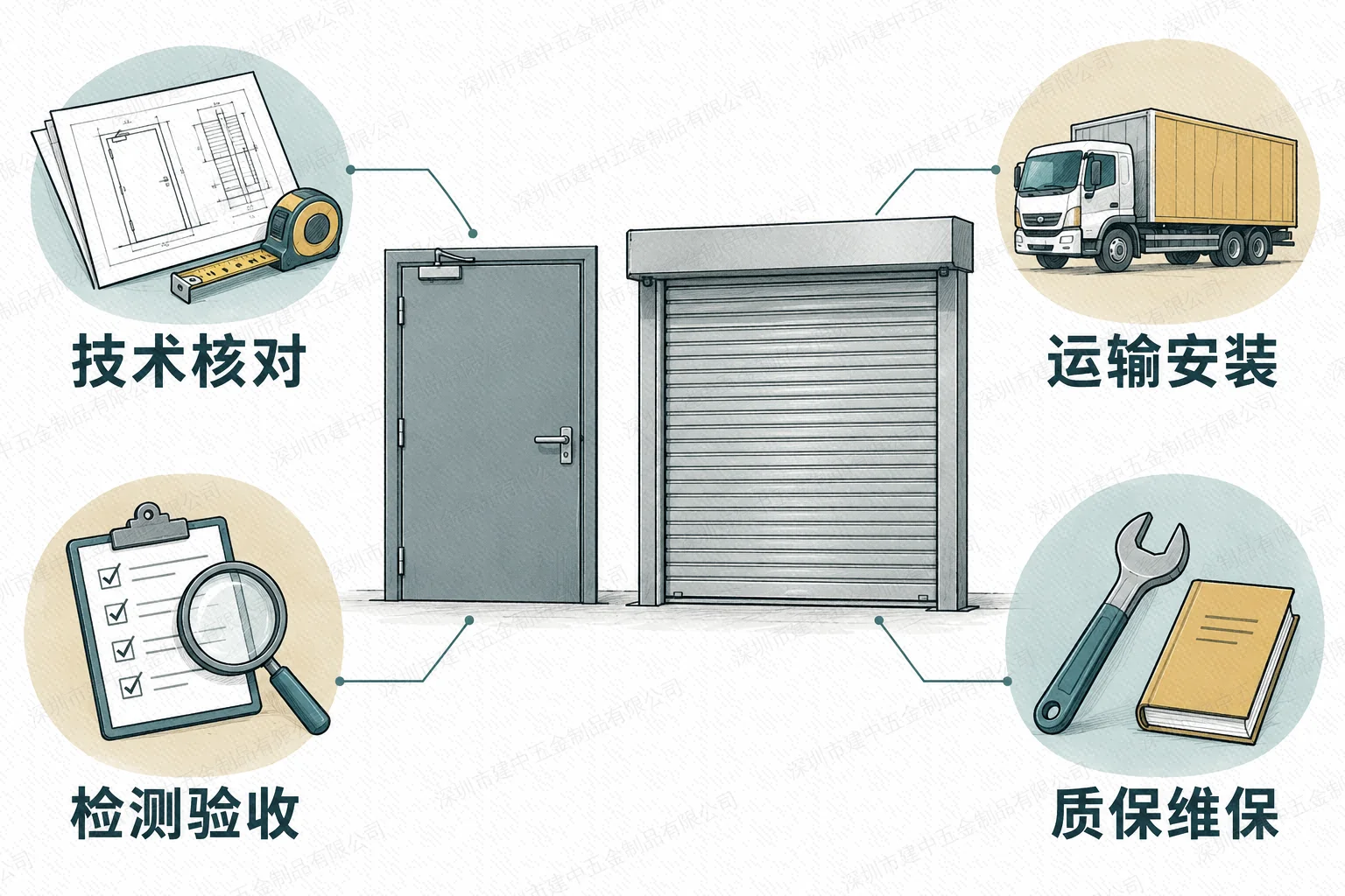 防火门及防火卷帘供货安装范围涵盖技术核对、运输安装、检测验收和质保维保
