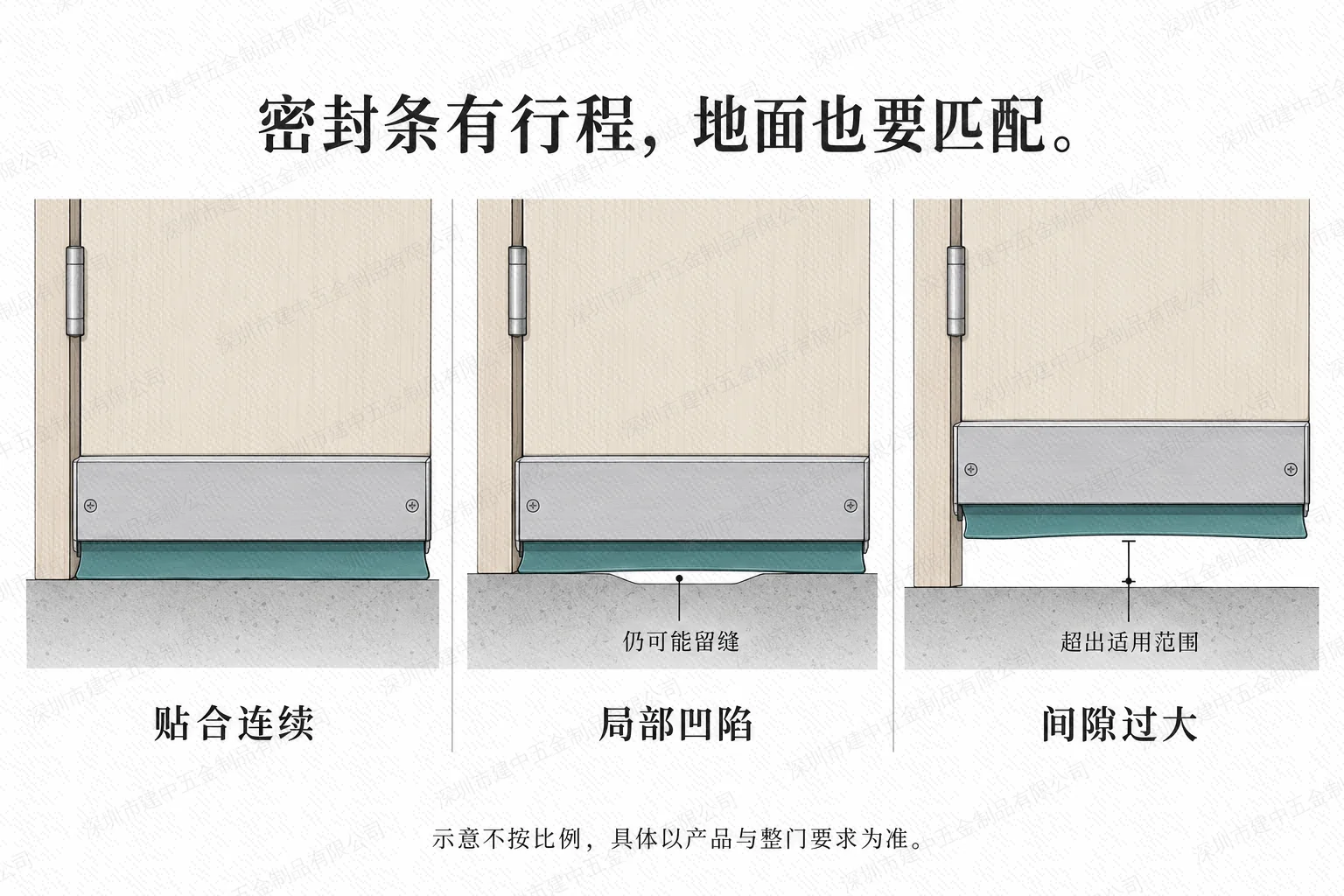 门底密封唇连续贴合、局部地面凹陷留缝与间隙超出适用范围的对比