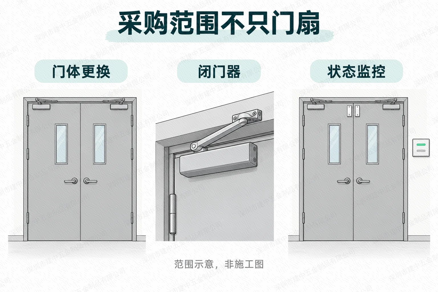 以门体、闭门器和状态监控三个示意面板说明本项目采购范围