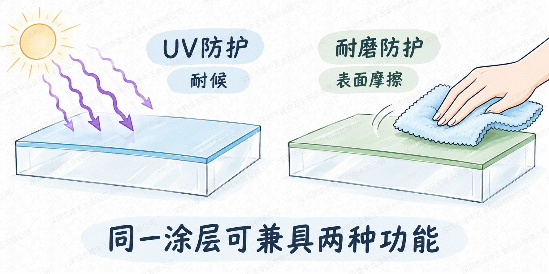 PC板UV防护与耐磨防护的不同功能示意