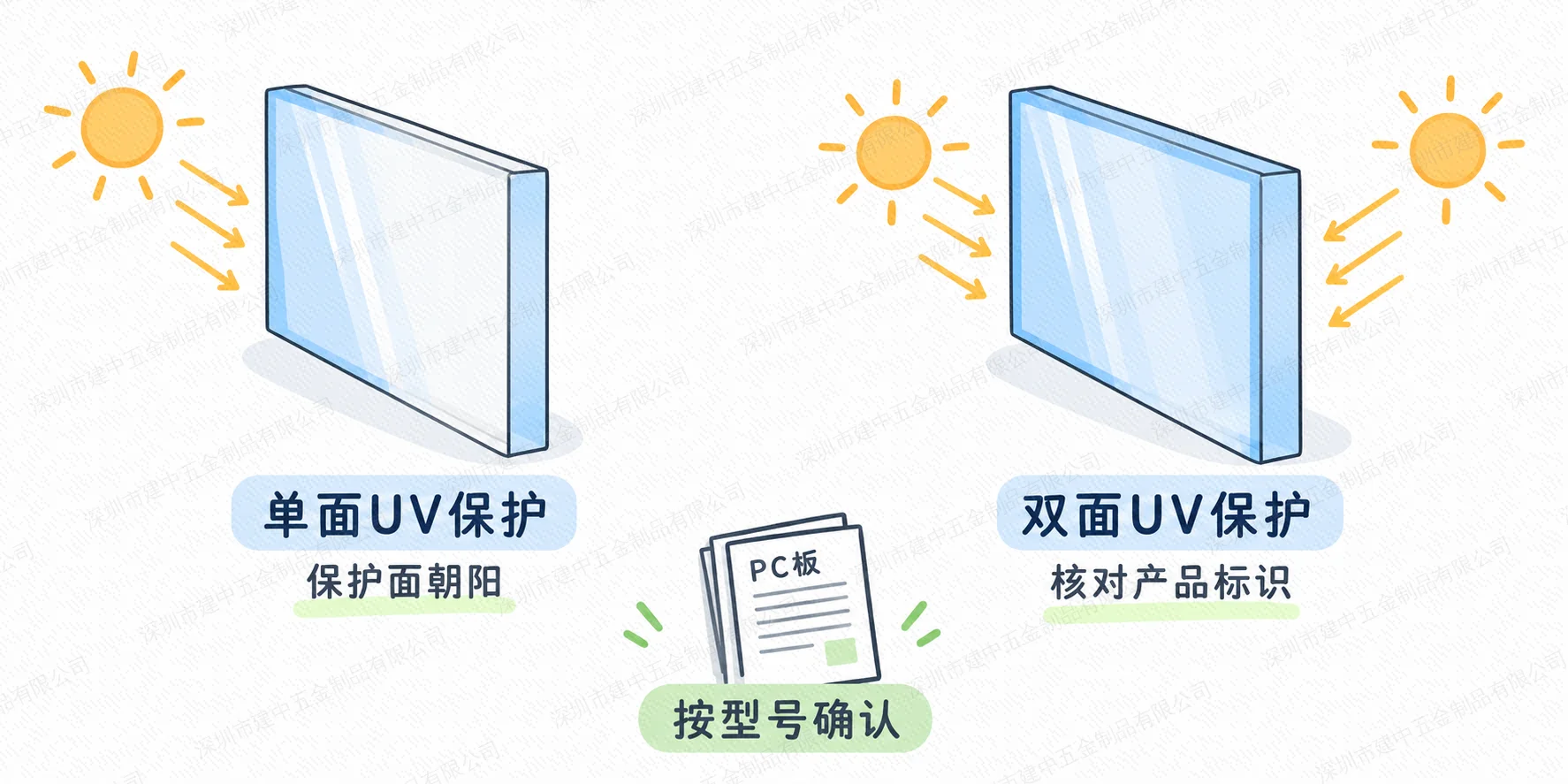 单面与双面UV保护PC实心板的朝向核对示意