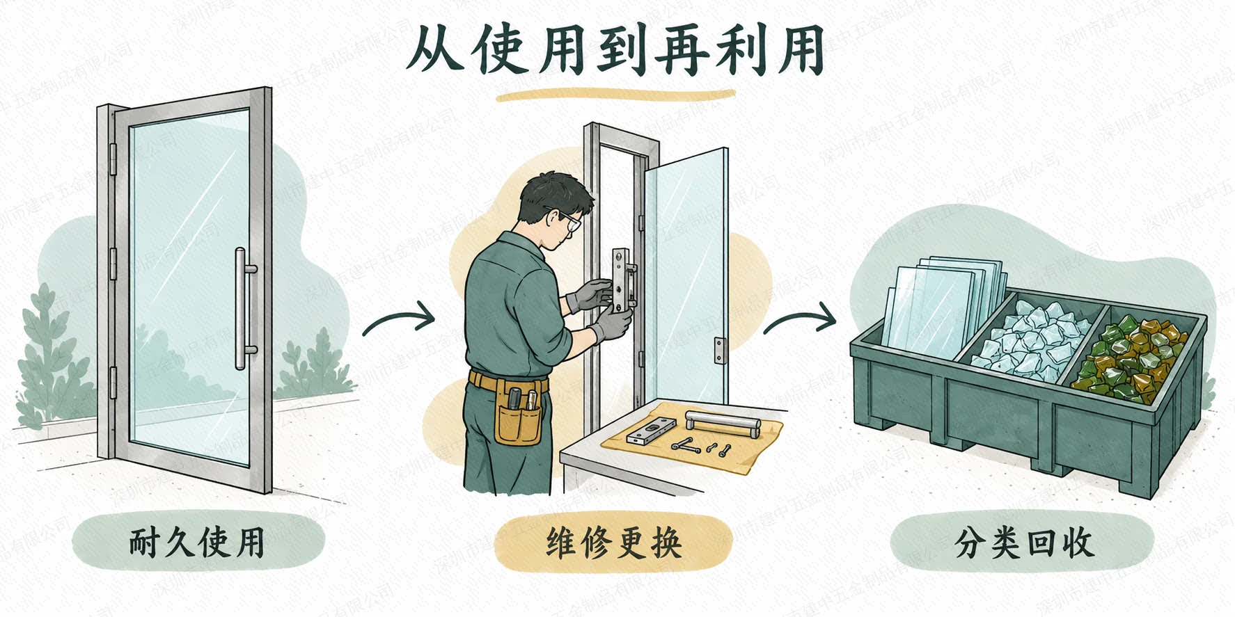 玻璃门耐久使用、维修更换与分类回收的概念示意
