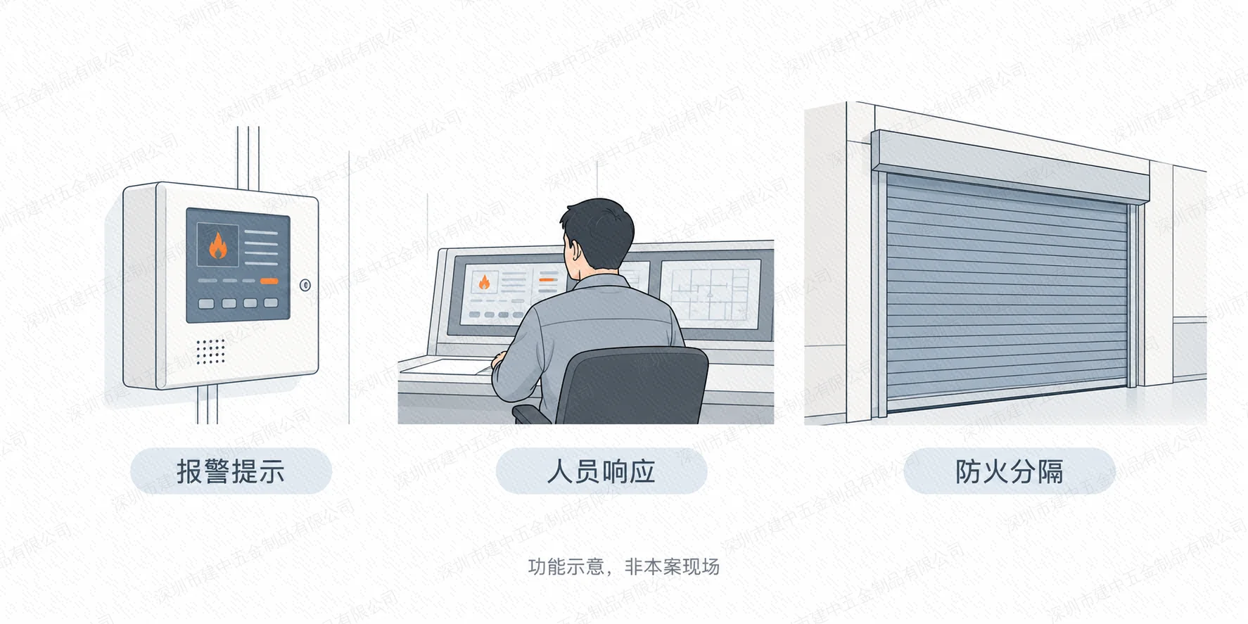 报警提示、人员响应和防火分隔三种功能并列示意