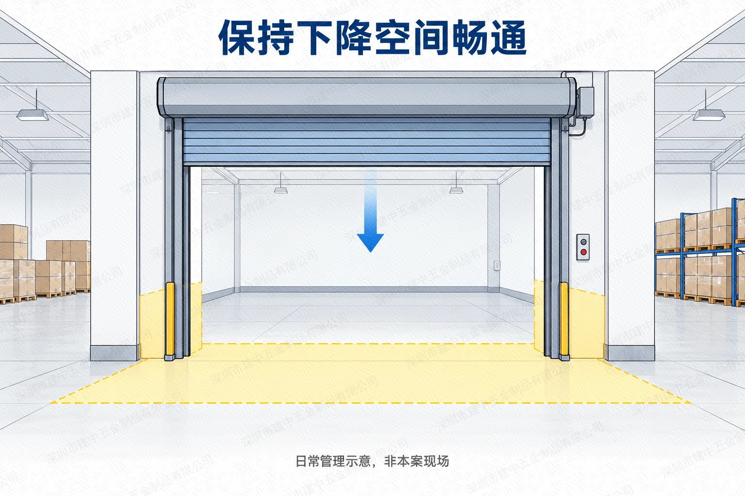 防火卷帘下降空间保持空旷的日常管理示意
