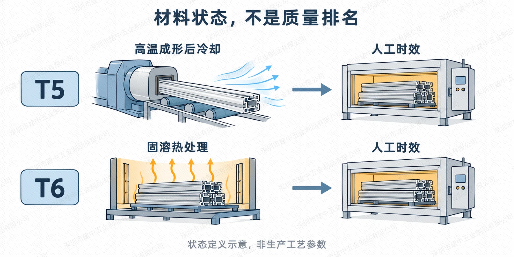 T5与T6热处理状态定义示意，不表示唯一工艺路线