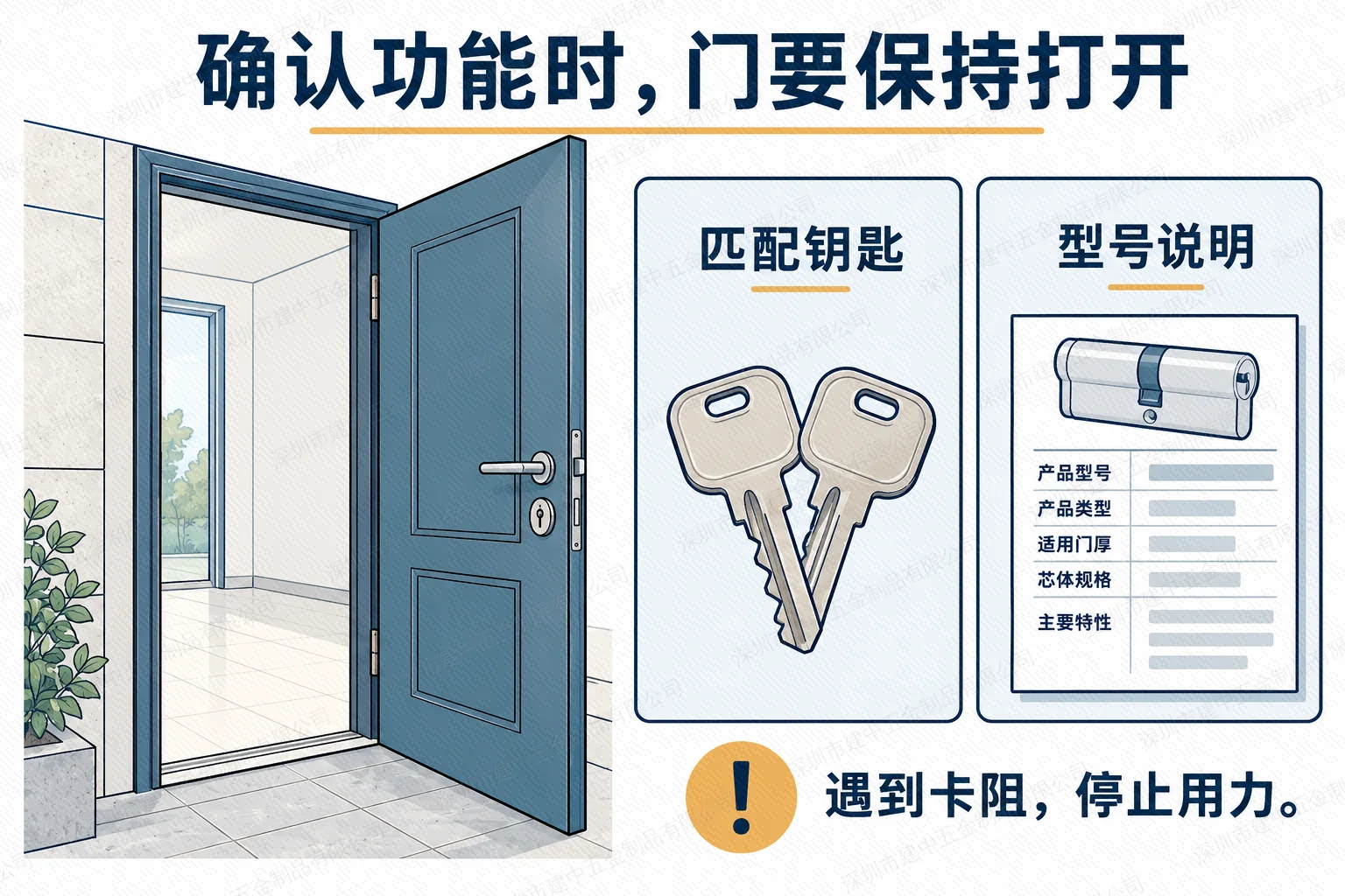 门保持打开时核对匹配钥匙和型号说明的示意