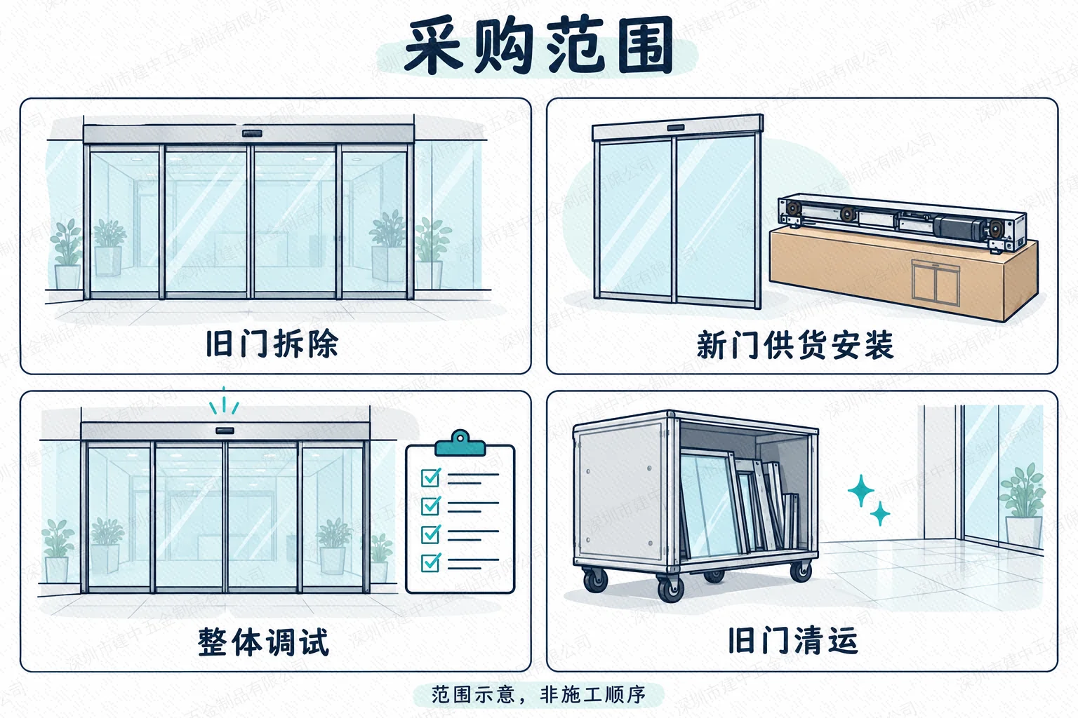 自动玻璃门采购含拆旧供货安装整体调试和清运的范围示意
