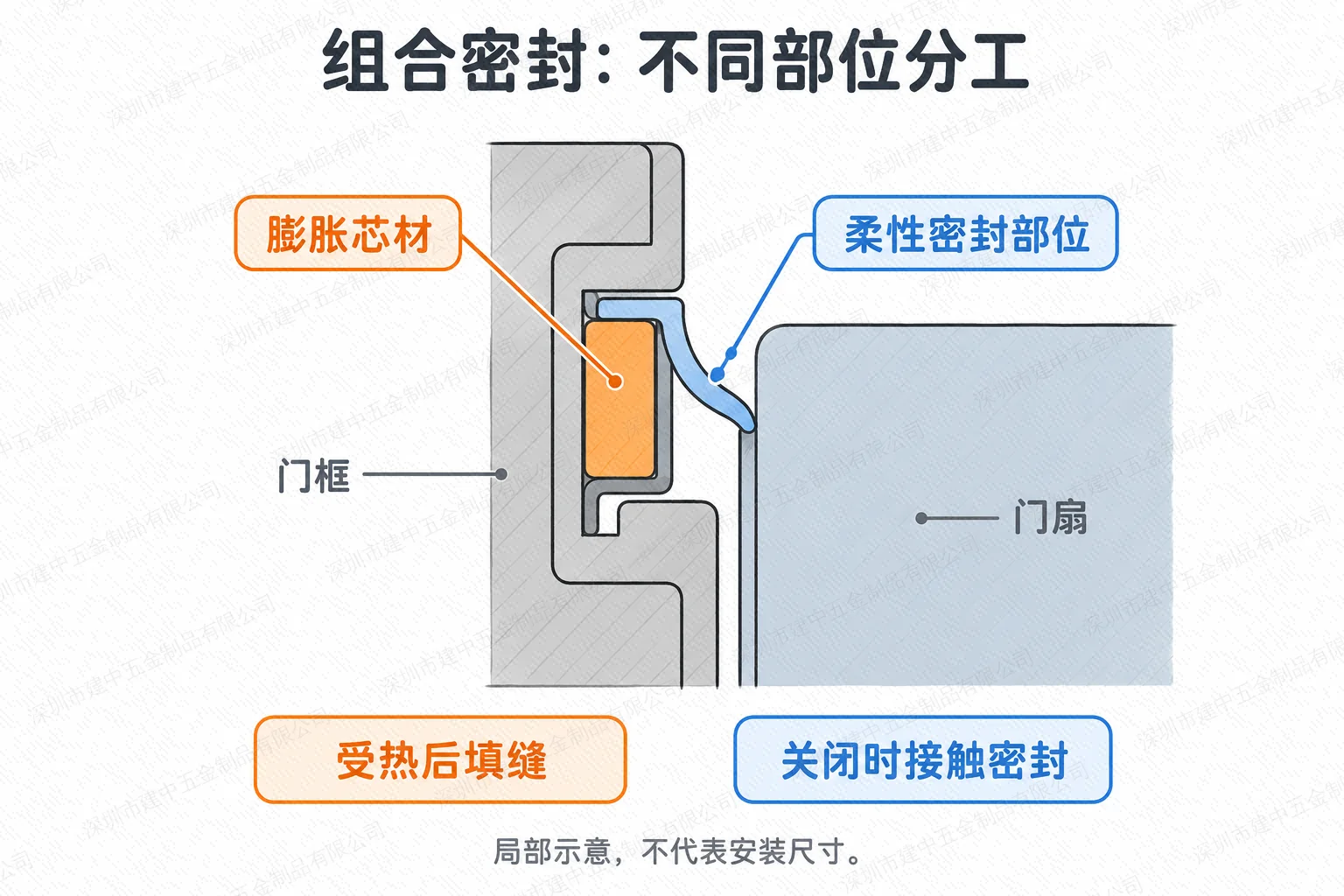 组合密封条的膨胀芯材与柔性密封部位分工示意