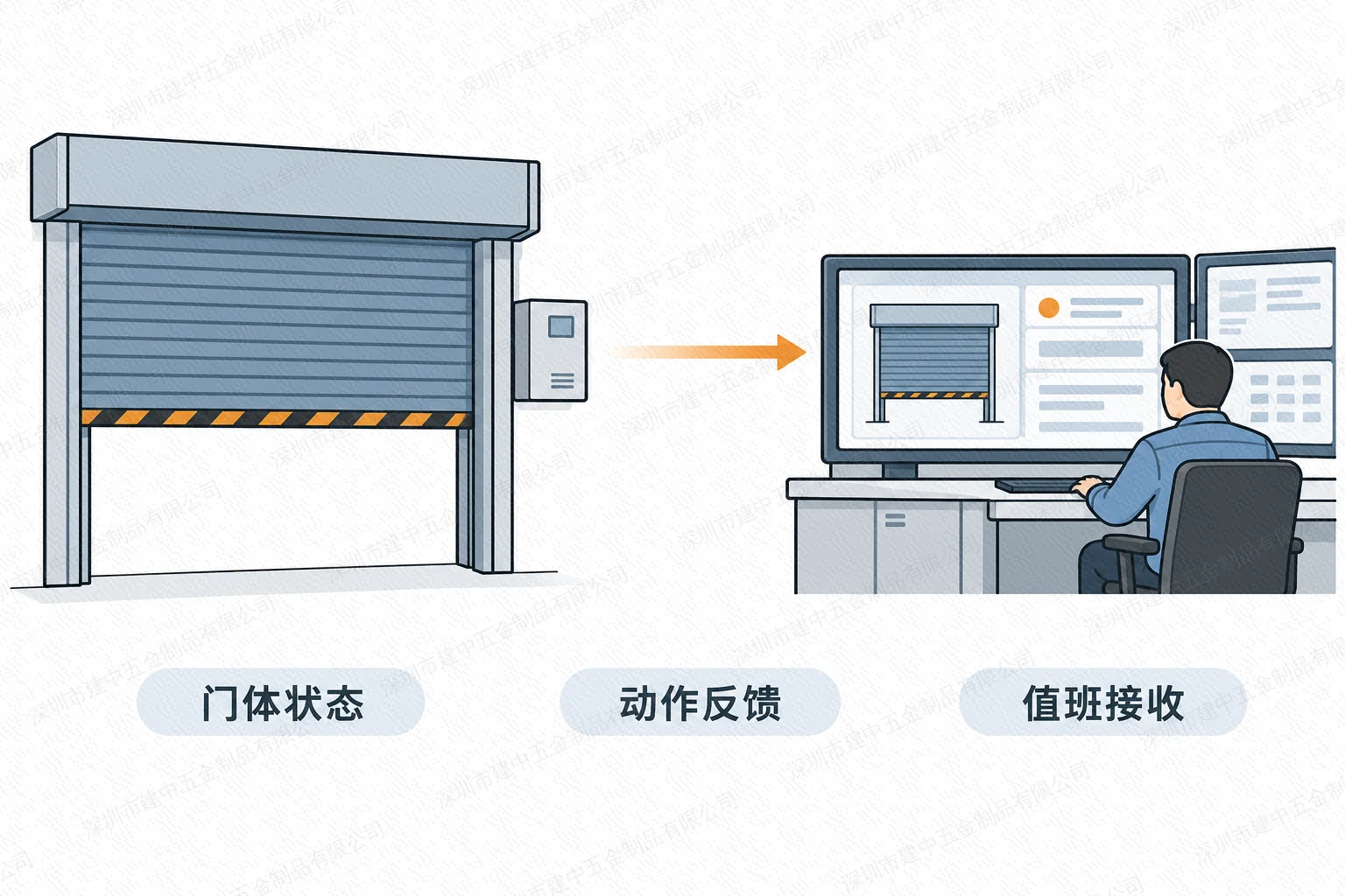 防火卷帘门体状态、动作反馈及值班接收的功能关系示意
