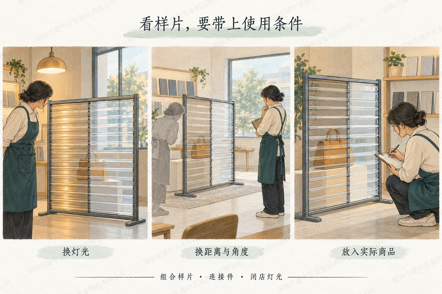 在组合样片前更换灯光、观察距离与角度,并放入商品核对的手绘示意