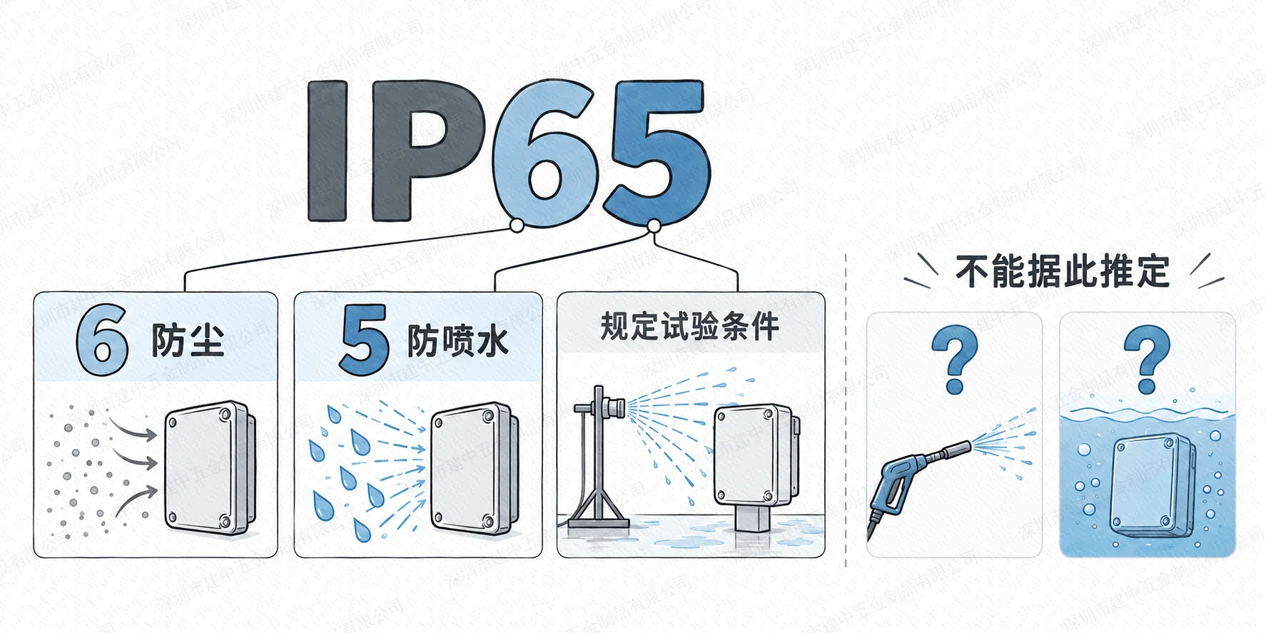 IP65数字6防尘、数字5规定条件防喷水与高压浸水边界示意