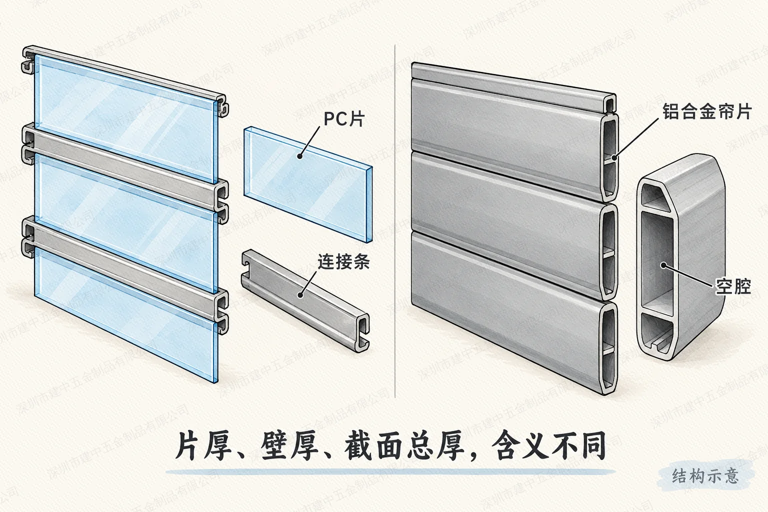 结构示意:PC片和连接部件,与双层中空铝合金帘片;片厚、壁厚和截面总厚含义不同