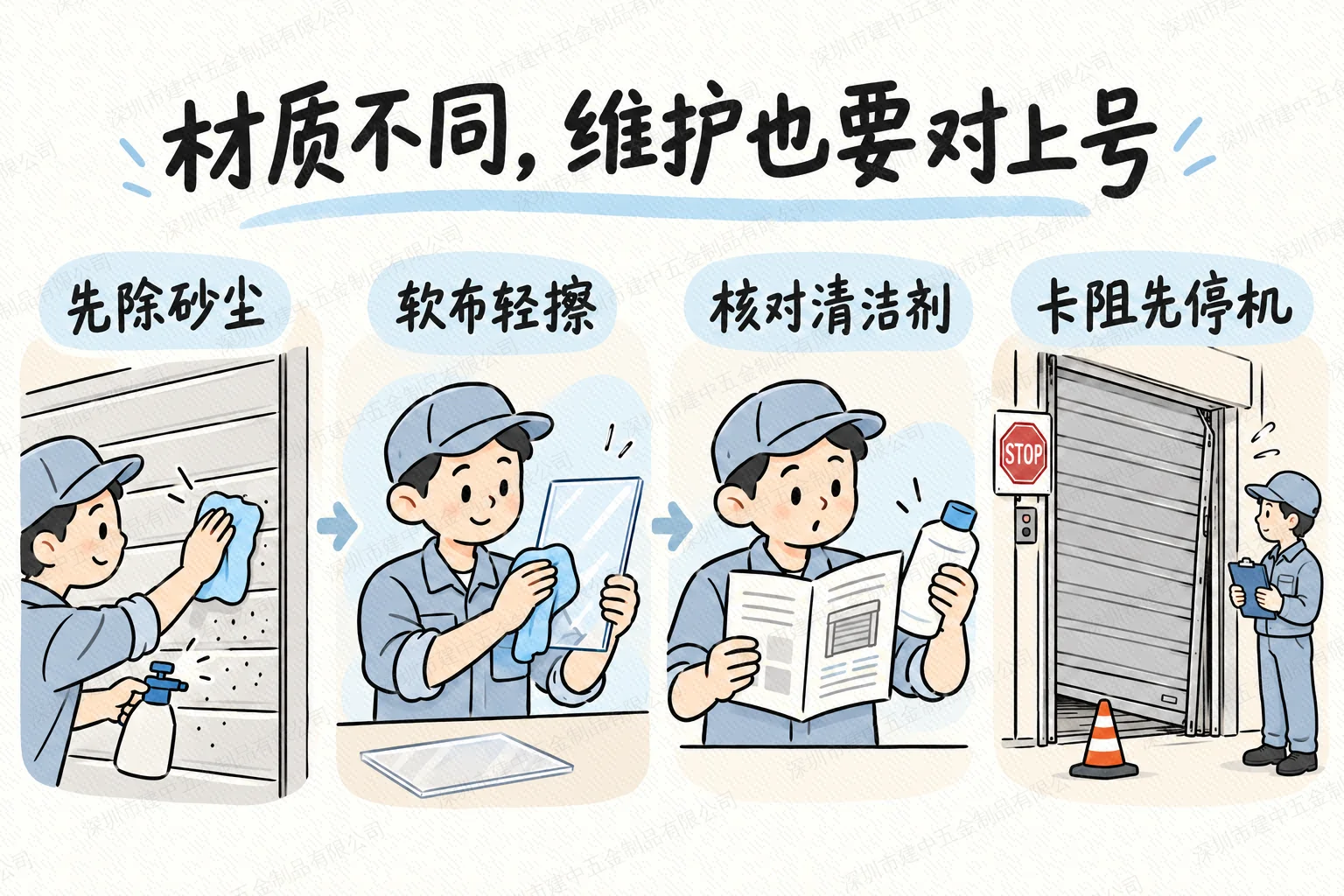 卷闸门维护示意:先除砂尘、软布轻擦、核对清洁剂,发现卡阻先停机
