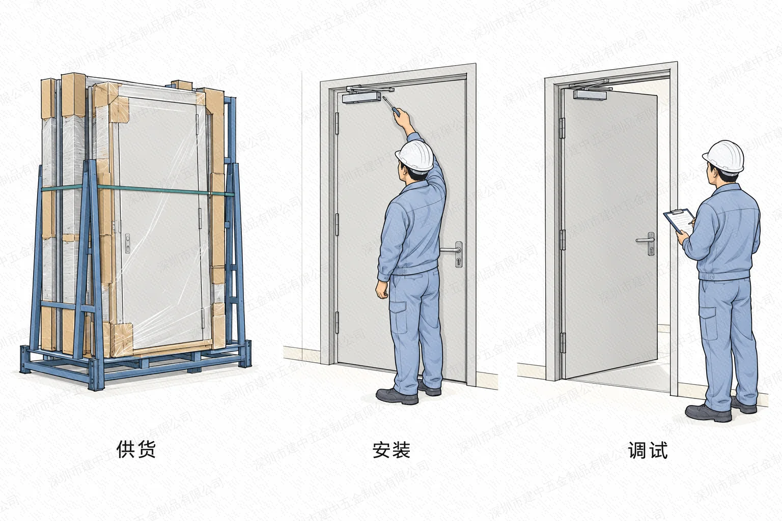 防火门供货、安装与调试三个履约环节示意