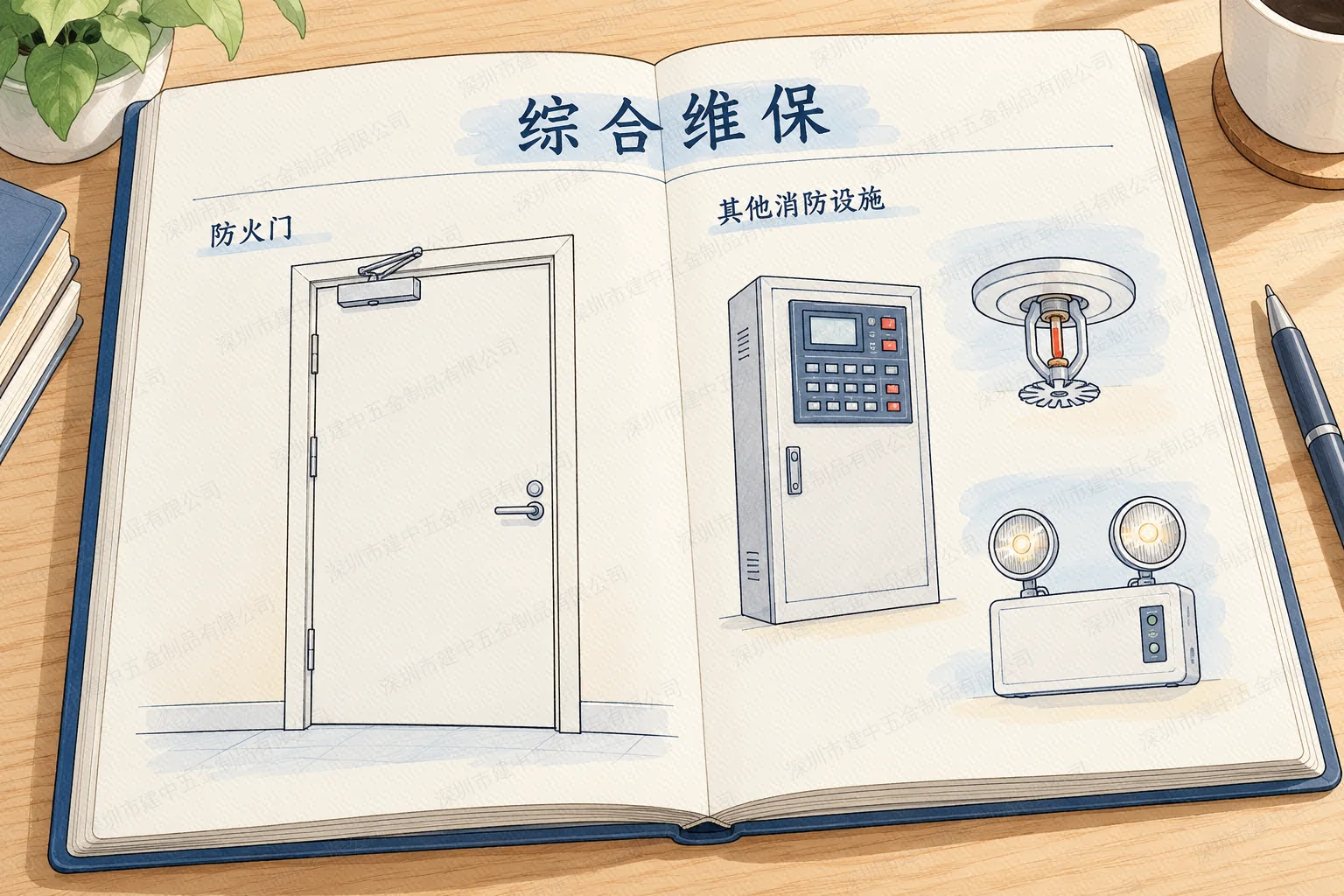 防火门与其他消防设施同属综合维保范围的概念图