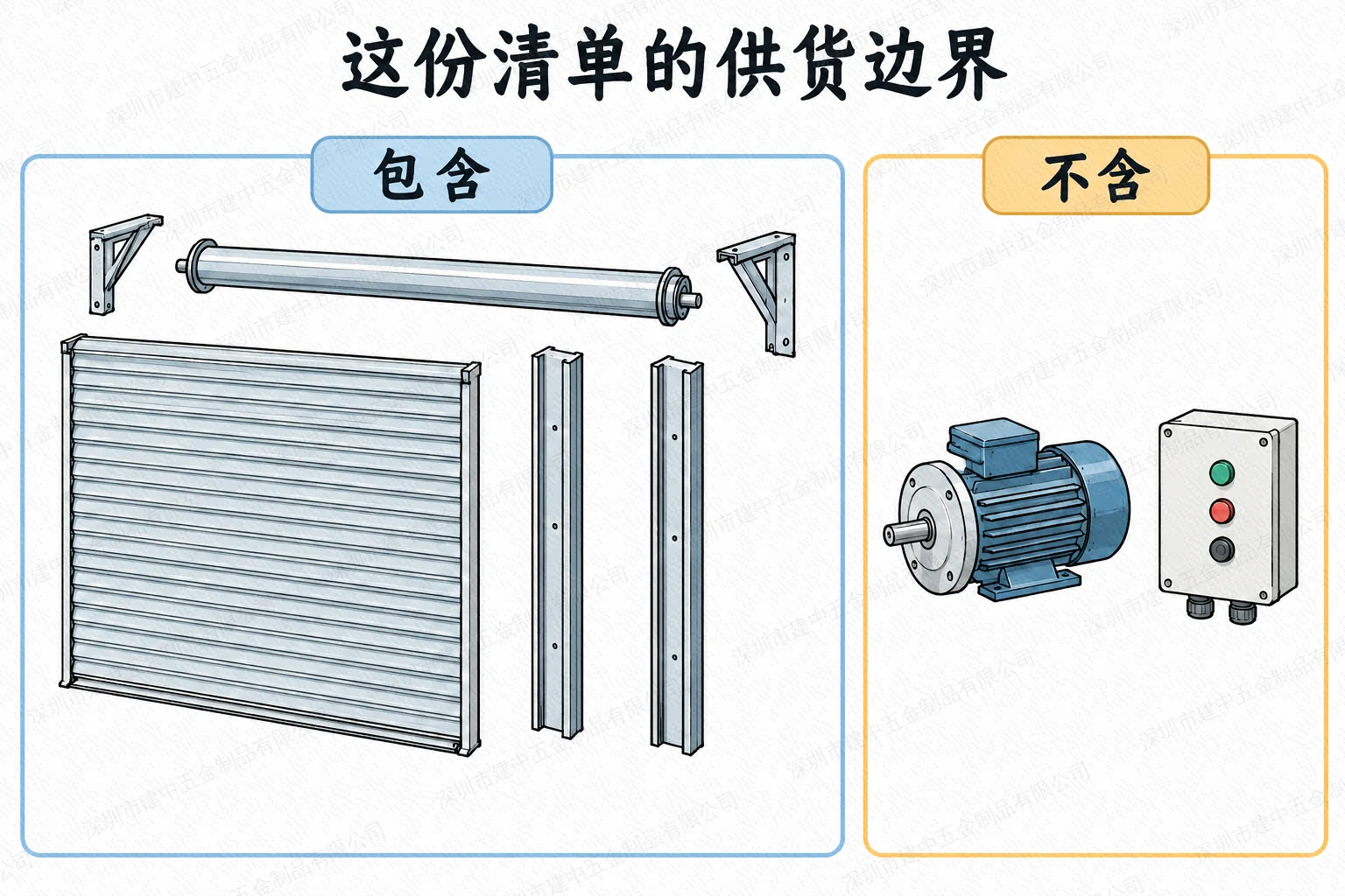 本次采购包含门体、支架和门轴,电机控制器不含在该清单内的示意图