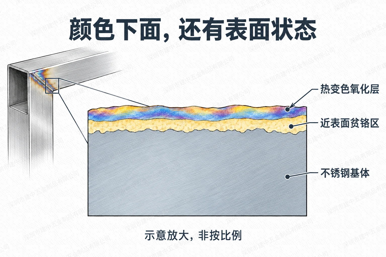 焊接热变色氧化层、近表面贫铬区和不锈钢基体的放大关系示意