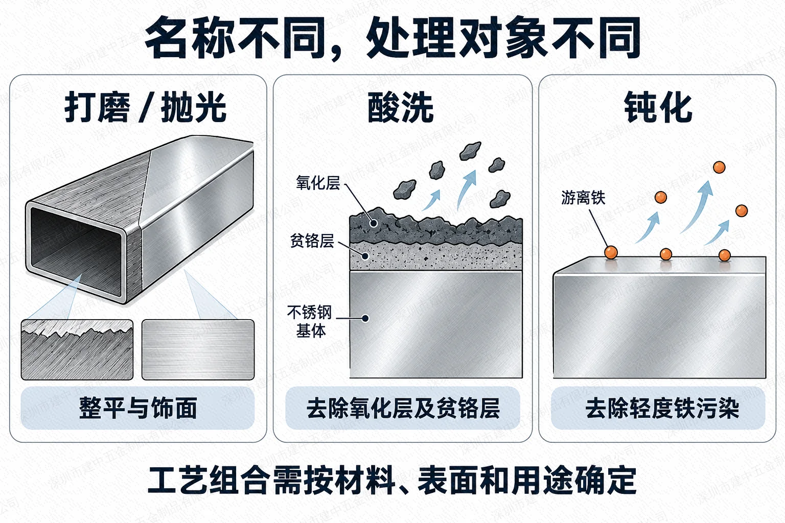 打磨抛光、酸洗和钝化处理对象不同的对比示意
